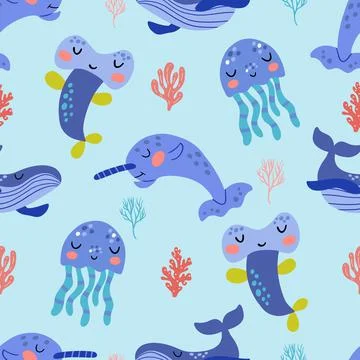 Seamless pattern with the image of cute sea animals in vector graphics. For the Illustrazione stock