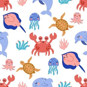 Seamless pattern with the image of cute sea animals in vector graphics. For the Stock Illustration