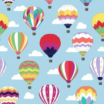 Seamless pattern with image of Hot air balloon in the sky. Illustrazione stock