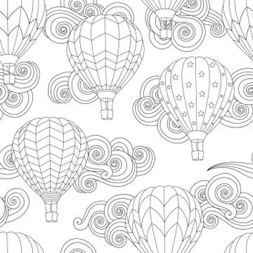 Seamless pattern with image of Hot air balloon in zentangle inspired doodle Stock Illustration