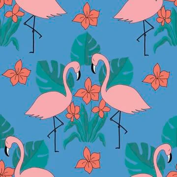 Seamless pattern with the image of pink flamingos, red flowers and leaves on a Stock Illustration