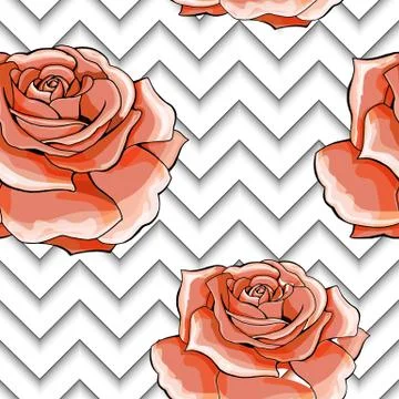 Seamless pattern with image pink rose flowers on a geometric background Stock Illustration