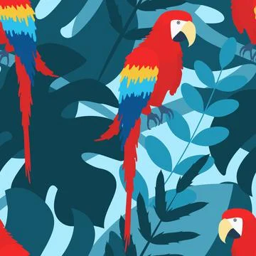 Seamless pattern with the image of a red macaw on a branch Stock Illustration
