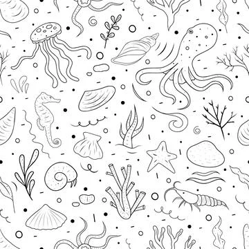 Seamless pattern with the image of sea animals. Illustrazione stock