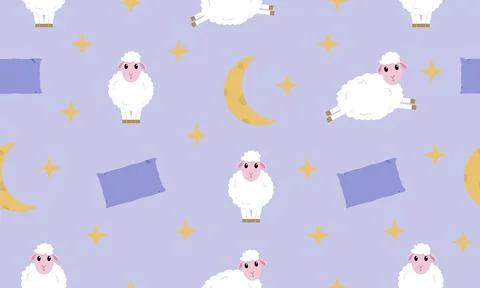 Seamless pattern with the image of sheep, pillows, stars and the moon. Stock Illustration