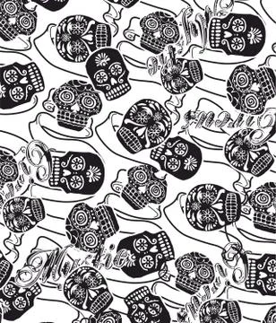 Seamless pattern with image a skull and with flowers cherry. Stock Illustration