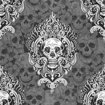 Seamless pattern with image a skull and with flowers. Stock Illustration