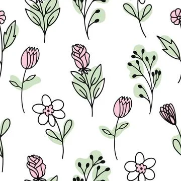 Seamless pattern with the image of spring flowers highlighted on a white ba.. Illustrazione stock