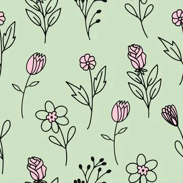 Seamless pattern with the image of spring flowers highlighted on a green back Illustrazione stock