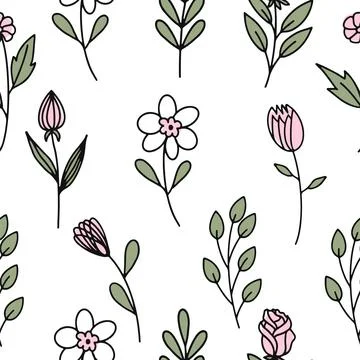 Seamless pattern with the image of spring flowers highlighted on a white ba.. Illustrazione stock