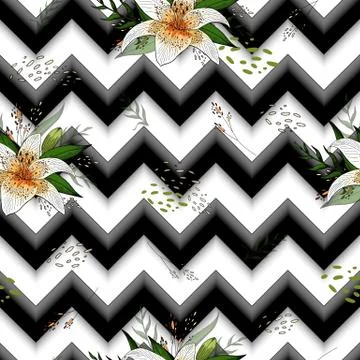 Seamless pattern with image tiger lily flowers on a geometric background Illustrazione stock