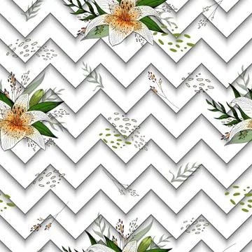 Seamless pattern with image tiger lily flowers on a geometric background Stockillustratie