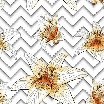 Seamless pattern with image tiger lily flowers on a geometric background Stockillustratie