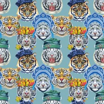 Seamless pattern with the image of a tiger's face. Decor for decoration of Stock Illustration