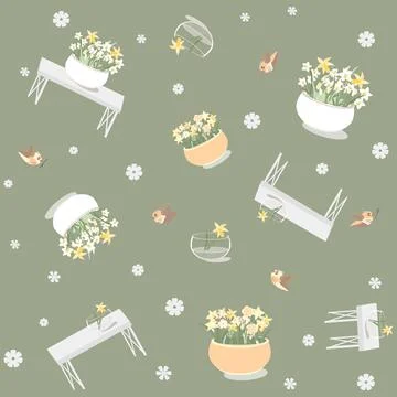 Seamless pattern with the image of a vase with flowers Stock Illustration
