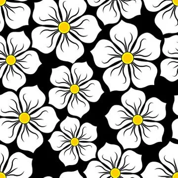Seamless pattern with the image of white flowers on a black background Stock Illustration