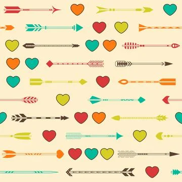 Seamless pattern with Indian arrows and hearts in various colors Stock Illustration