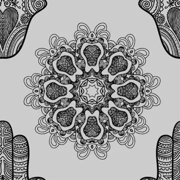 Seamless pattern with indian hand drawn hamsa and mandala. Illustrazione stock