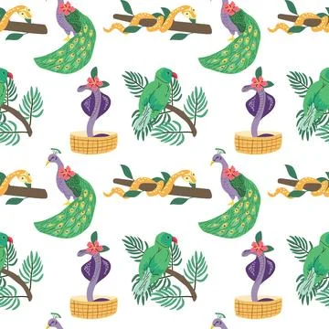 Seamless pattern with indian peacock and snakes, parakeet. Stock Illustration