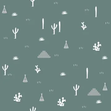 Seamless pattern with indian tents, pyramids and cacti. Saguaro, opuntia, and Illustrazione stock