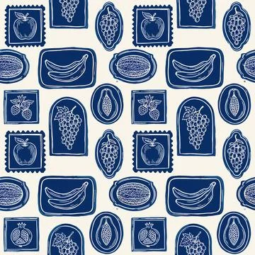 Seamless Pattern with Indigo Blue Fruit Silhouettes on Cream Background. Stock Illustration