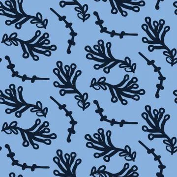 Seamless pattern indigo blue. Hand drawn abstract organic twig leaf shape 库存插图