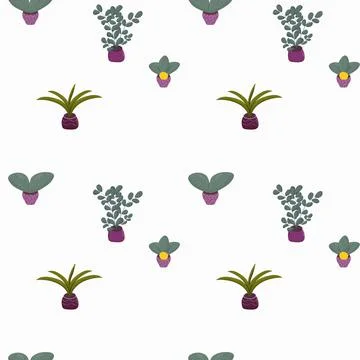 Seamless pattern of indoor plants. Large green leaves in pots. Stock Illustration