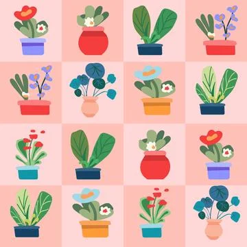 Seamless pattern of indoor plants on a pink checkerboard background. Vector Stock Illustration