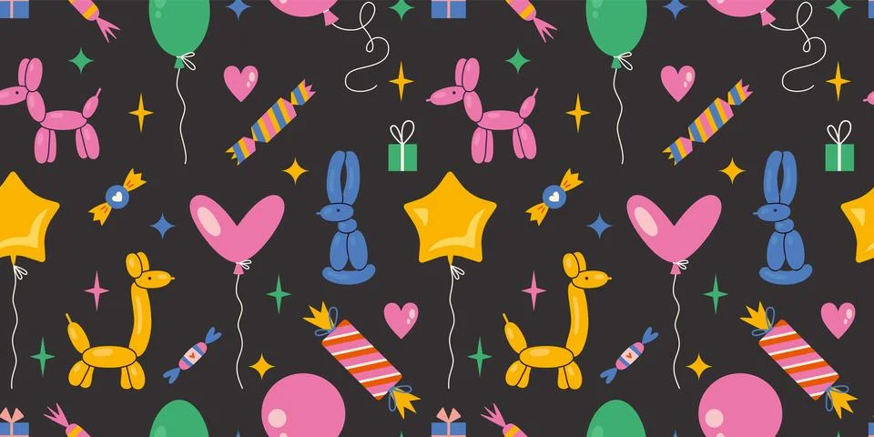 Seamless pattern with Inflatable animal figurines, helium balloons, gifts, ca Stock Illustration