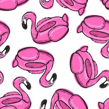 Seamless pattern with inflatable pink flamingo. Swim ring. Summer print, sticker Stock Illustration