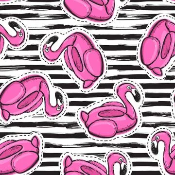 Seamless pattern with inflatable pink flamingo. Swim ring. Summer print, sticker Stock Illustration
