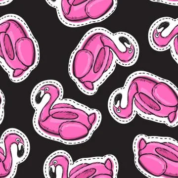 Seamless pattern with inflatable pink flamingo. Swim ring. Summer print, sticker Stock Illustration