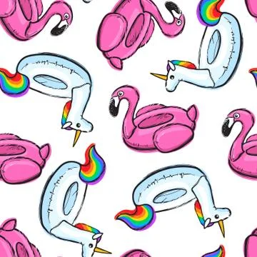 Seamless pattern with inflatable pink flamingo. Swim ring. Summer print, sticker Stock Illustration