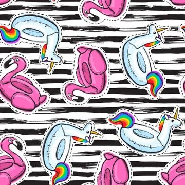Seamless pattern with inflatable pink flamingo. Swim ring. Summer print, sticker Stock Illustration