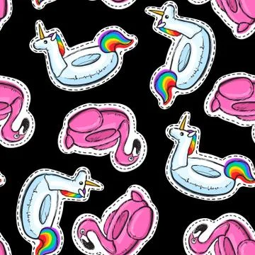 Seamless pattern with inflatable pink flamingo. Swim ring. Summer print, sticker Stock Illustration