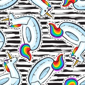 Seamless pattern with inflatable Rainbow Unicorn. Swim ring. Summer print Stock Illustration
