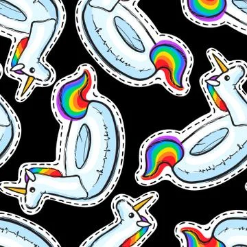 Seamless pattern with inflatable Rainbow Unicorn. Swim ring. Summer print Stock Illustration