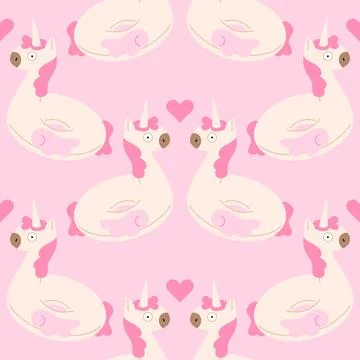 Seamless Pattern with Inflatable Unicorn Floats and Hearts on Pink Background. Illustrazione stock