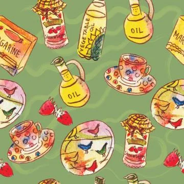 Seamless pattern of ingredients for cooking, hand drawn watercolor illustrati Illustrazione stock