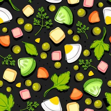 Seamless pattern of ingredients of olivier salad Stock Illustration