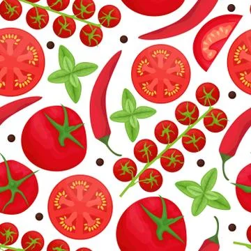 Seamless pattern with ingredients for tomato sauce. Ketchup, cherry tomatoes, Stock Illustration