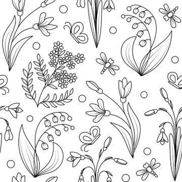 Seamless  pattern with ink hand drawn wild spring plants isolated on white Illustrazione stock