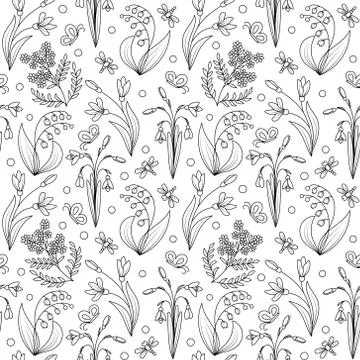 Seamless  pattern with ink hand drawn wild spring plants isolated on white Stock Illustration
