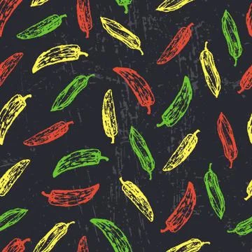 Seamless pattern with ink hand drawn red, yellow and green pepper Stock Illustration