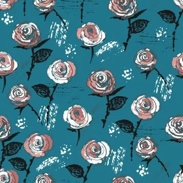 Seamless pattern with ink hand drawn vintage styled roses Stock Illustration