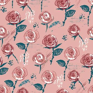Seamless pattern with ink hand drawn vintage styled roses Stock Illustration
