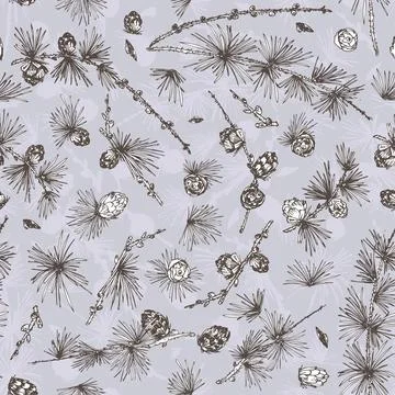 Seamless pattern ink hand drawn sketch illustration of larch branches, cones  Stock Illustration