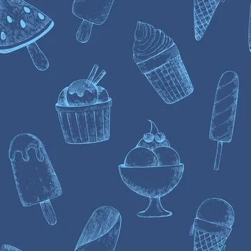Seamless pattern with ink hand-drawn various ice cream desserts. Vector mon.. 库存插图