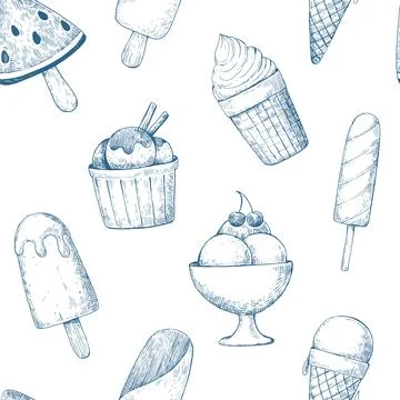 Seamless pattern with ink hand-drawn various ice cream desserts. Vector mon.. Illustrazione stock