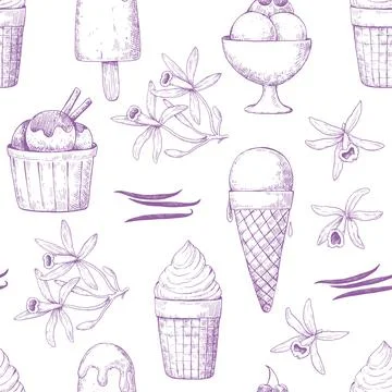 Seamless pattern with ink hand-drawn various ice cream desserts. Vector mon.. イラスト素材